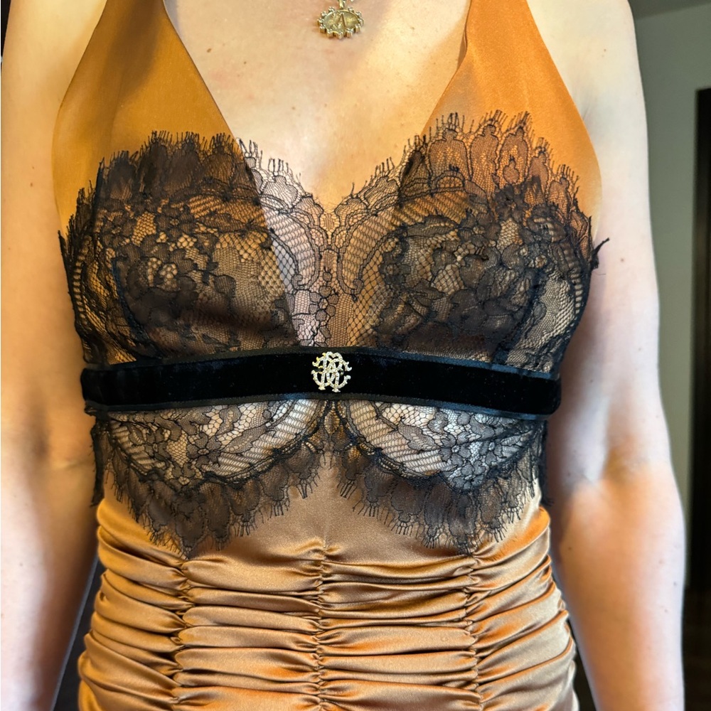 Roberto Cavali Golden Bronze Dress with Black Lace Detail
